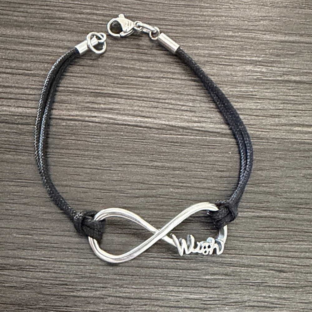 Wish Silver Infinity Bracelet on Black Cord